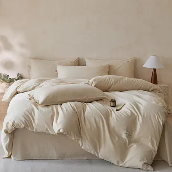 New Minimalist Yarn-Dyed Cotton-Linen 4-Piece Bedding Set Skin-Friendly Breathable Anti-Pilling All-Season Machine Washable