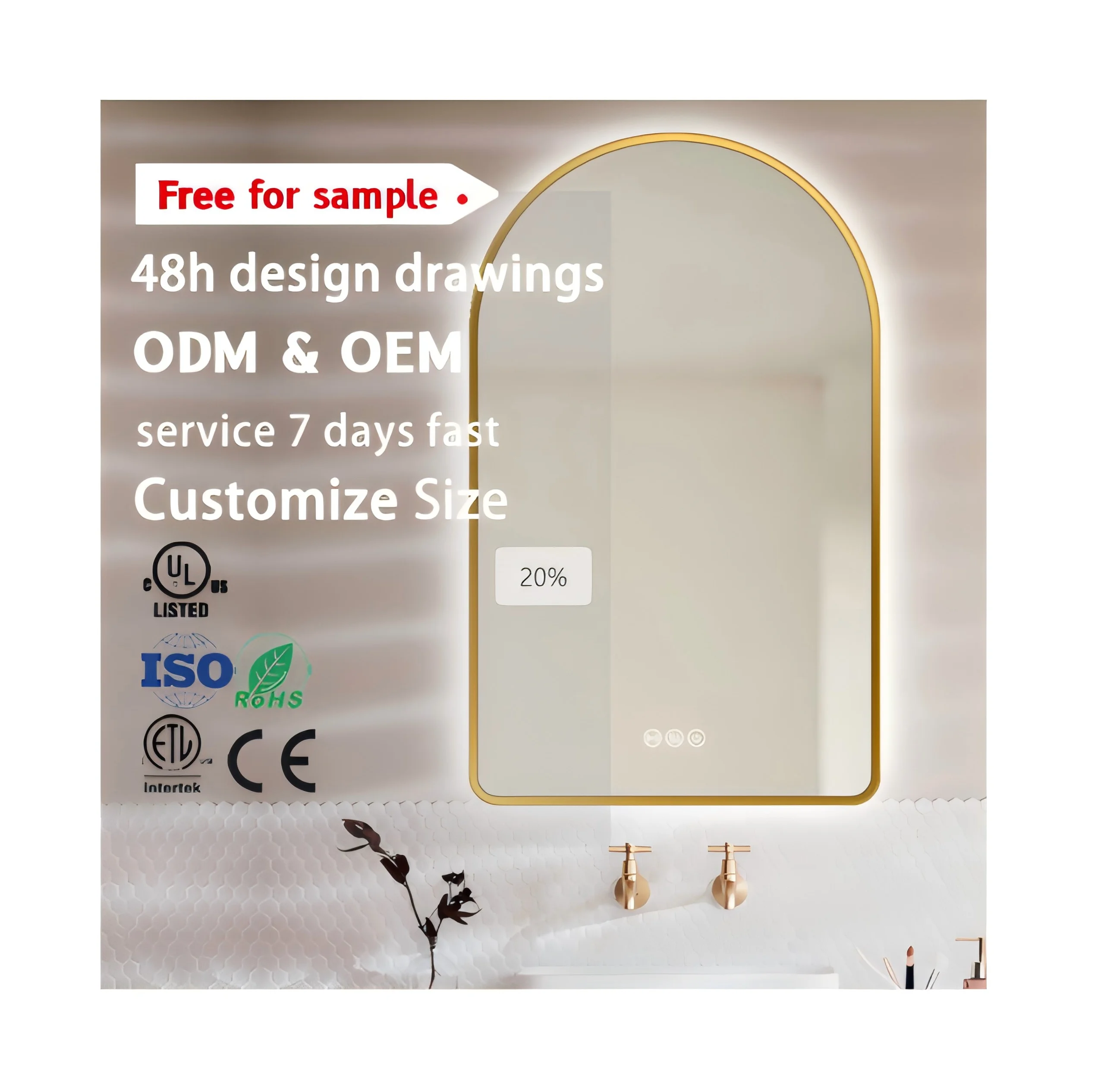 Hotel Gold Framed Wall Hanging Smart Display Screen Aluminum Framed Arch LED Lighted Vanity Mirror with Bluetooth Speaker