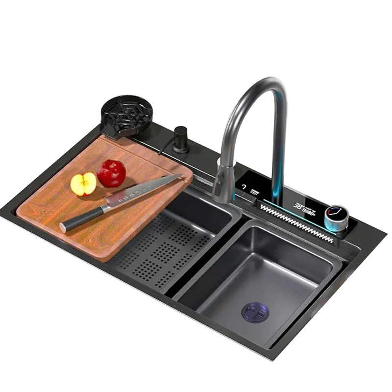 DQOK Discount Luxury Anti-Scratch LED Digital Display Waterfall Kitchen Sink with Cup Washer & Soap Dispenser