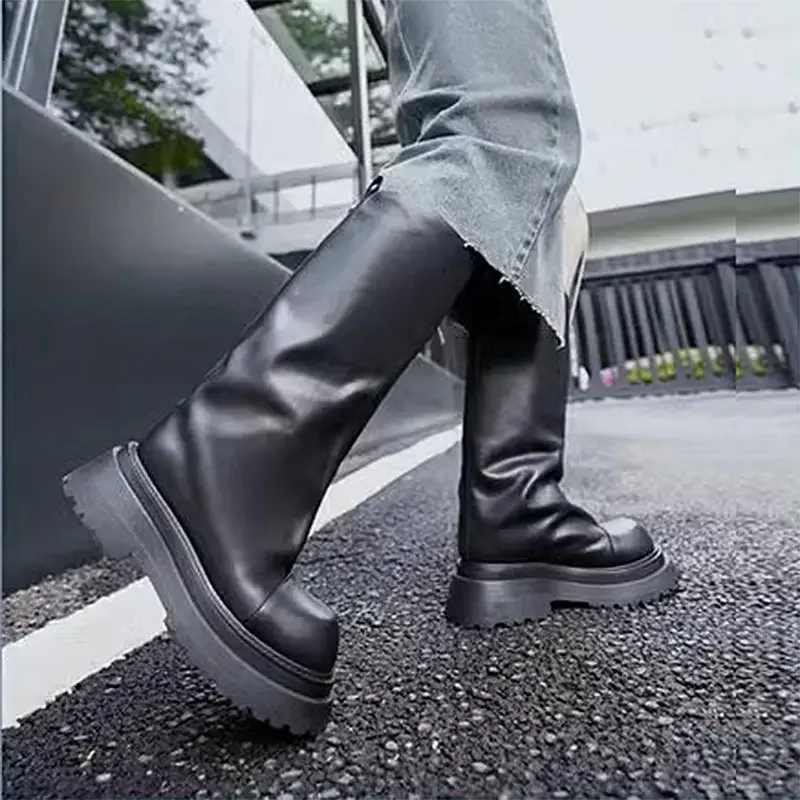 2024 High Platform Long Boots Fashion Black Leather Wide Calf 6cm Thick Sole Women Loose Chunky Knee High Boot - Image 6