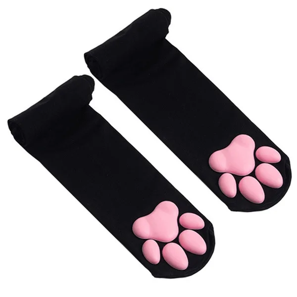 Women's 3D Cat Paw Tights Cute Lolita Thigh High Socks Stocking Anti-Embolism Transparent Nylon Knitted