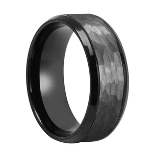 Tizti Jewelry Black Stainless Steel Hammered Center Stepped Edges Tantalum Ring Mens Wedding Bands