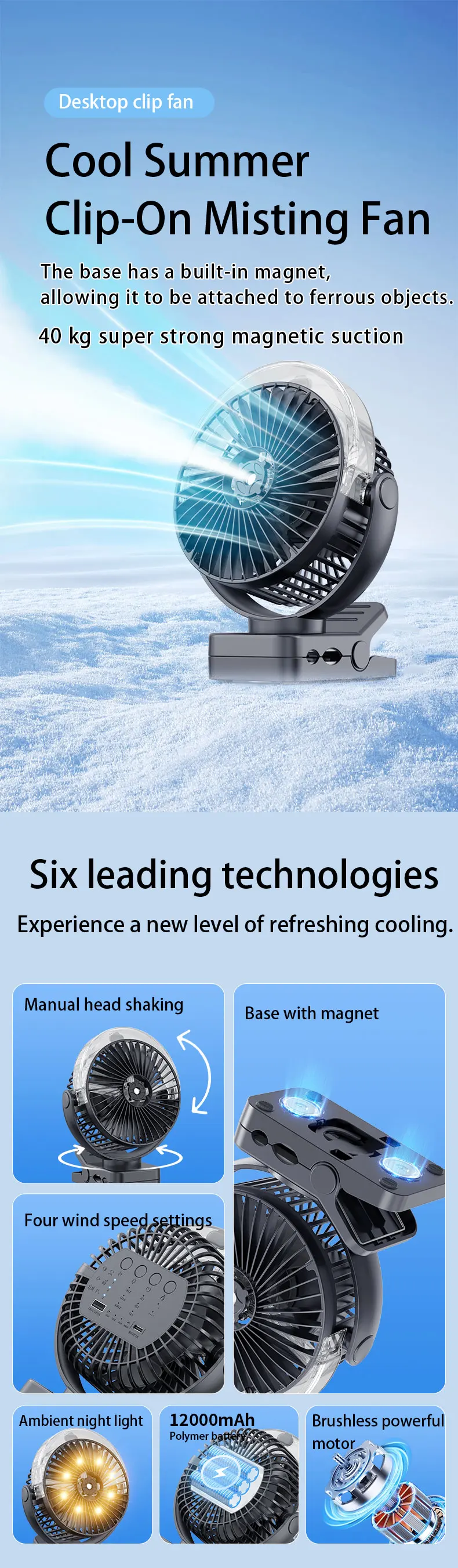 Desktop Magnetic Misting Fan, USB, 6Inch - detail 2