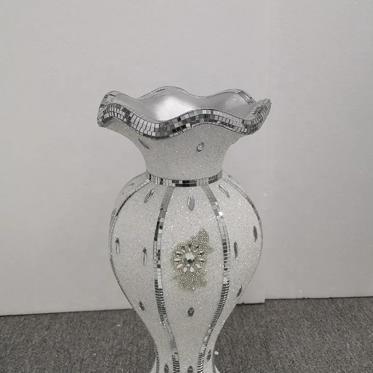 Diamond Home Decoration European Style Luxury White Silver Flower Vase Pot With Crystal