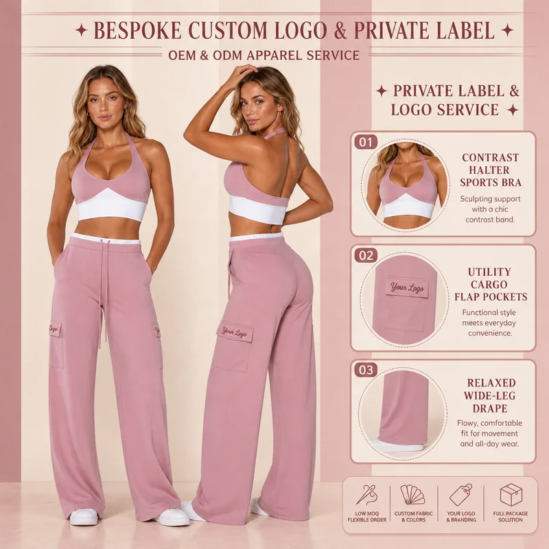 Women's Halter Yoga Set Backless Sports Bra Wide Leg Cargo Pants Two Piece Activewear