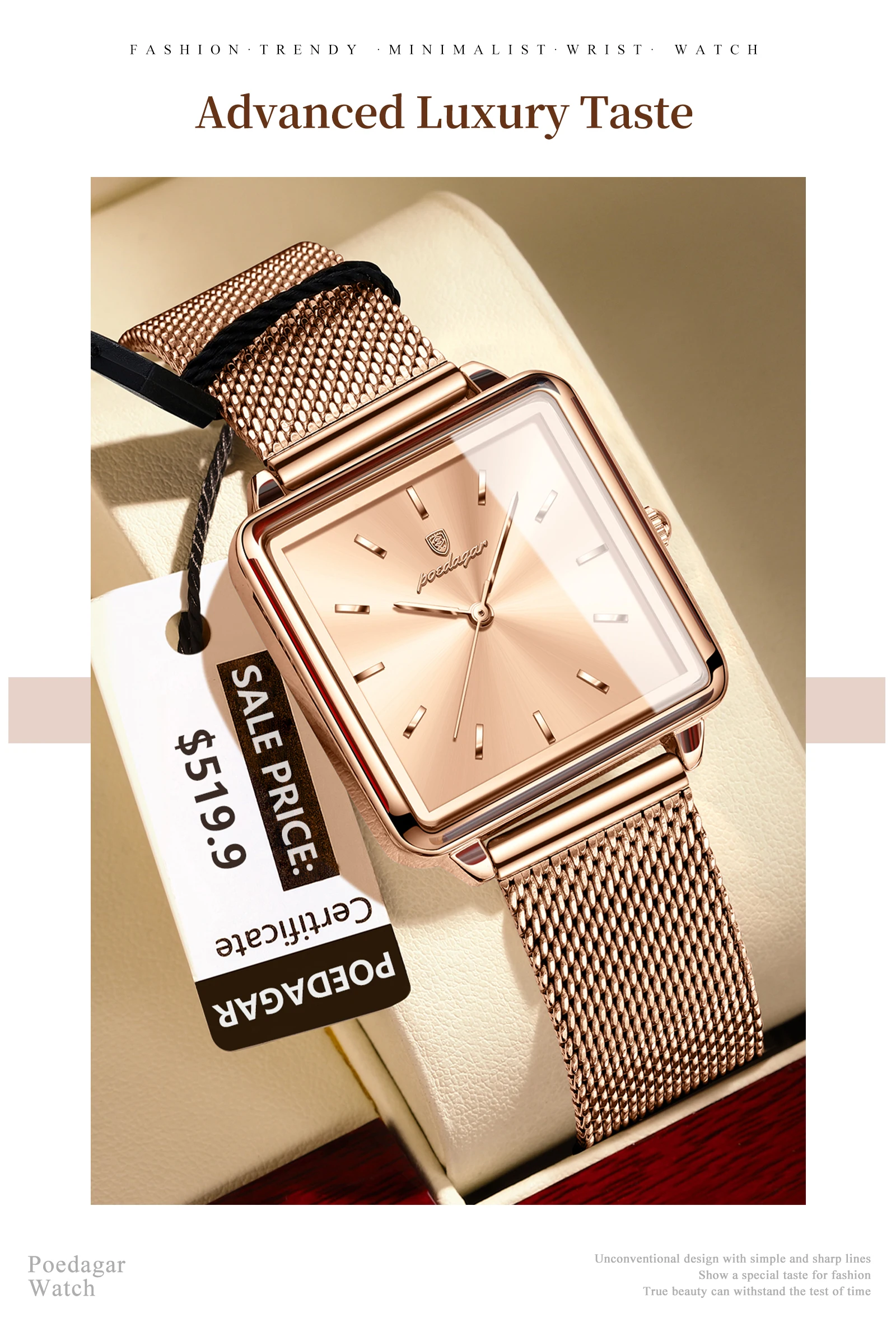 POEDAGAR 793 New Arrival Women's Square Fashion Quartz Watch Simple Design Mesh Steel 30M Waterproof Leisure Watches for Ladies