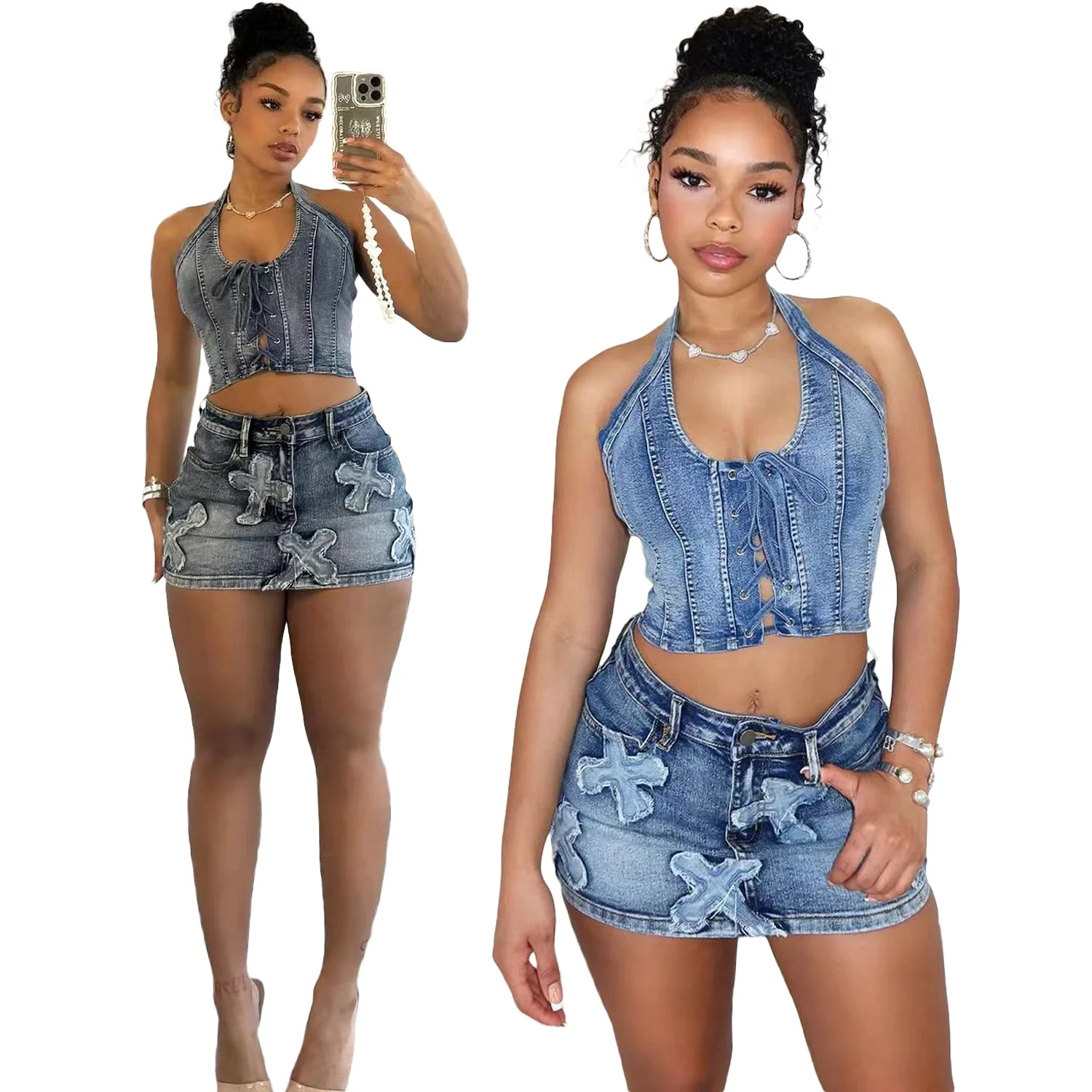 Pofulove Playful Skirt Suit Summer Striped Shirt Denim Skirt Two-piece Set Top and Skirt Summer Sets