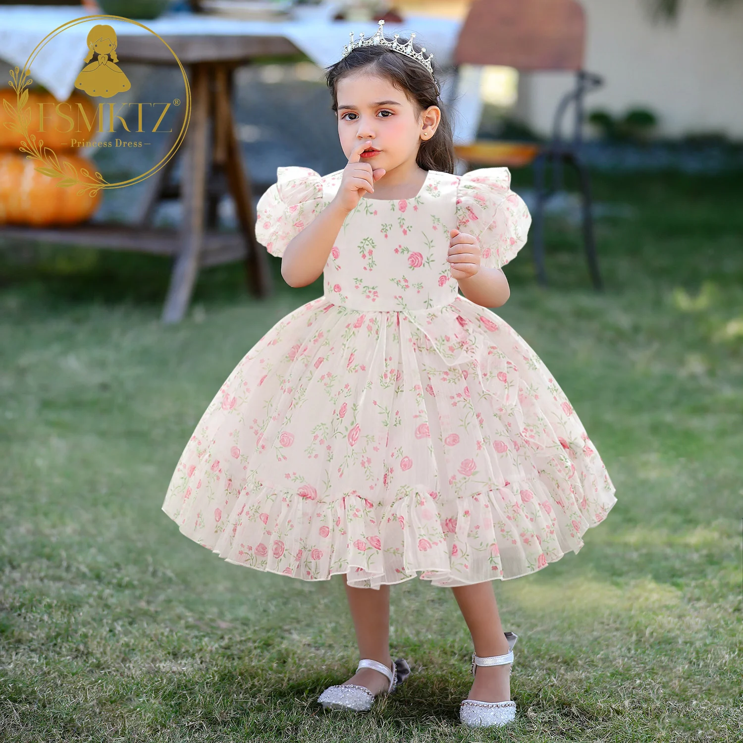 Incantevole abito a maniche a bolle in Chiffon floreale verde e rosa per  neonato battesimo 3M-3 anni vestito da bambina
