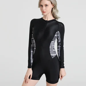 Custom Printed Women Long Sleeve One Piece Boyshort Swimsuit Front Zipper Rash Guard Quick Dry UPF50+ Modest Swimwear