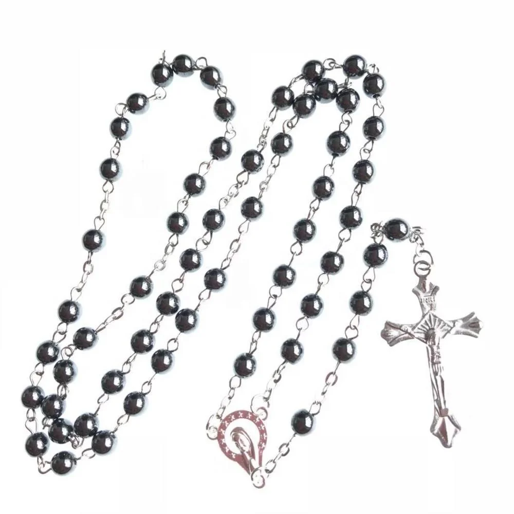 6mm Religious Hematite Rosary Catholic Chain Necklace with Zinc Alloy Jesus Pendant