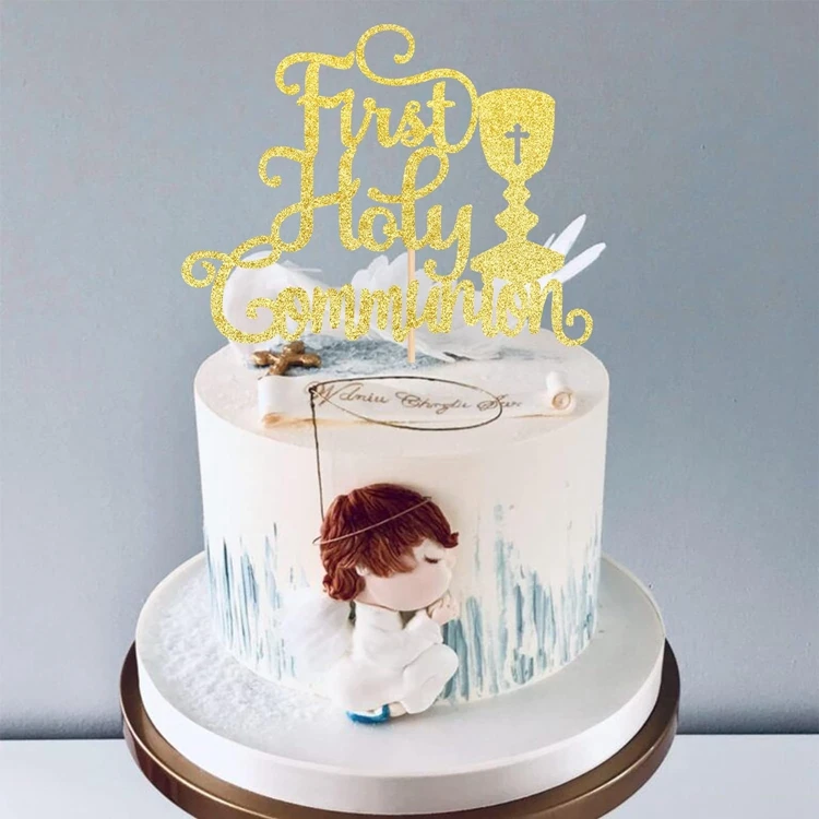 Gold Glitter First Holy Communion Cake Topper - Religious Celebration Decoration With Cross