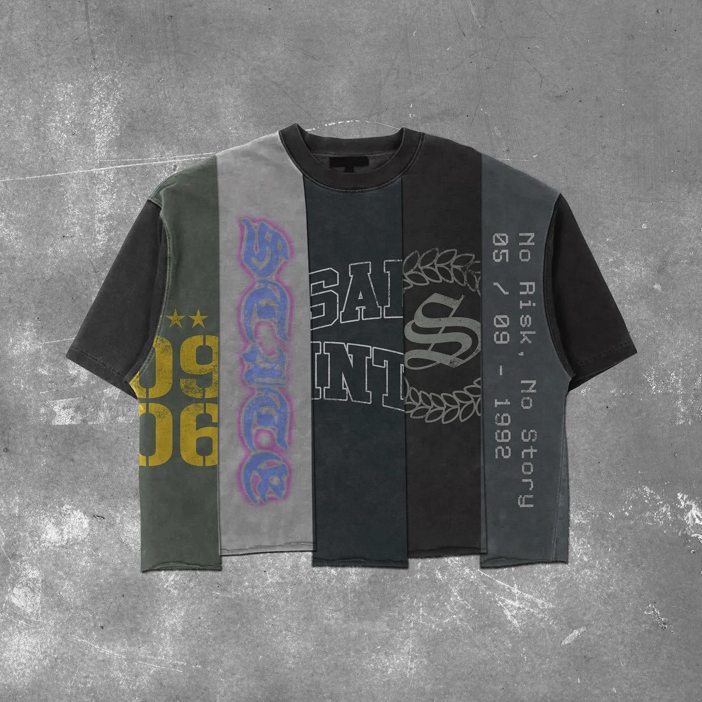 Salati Manufacturer Custom Panel Color Tee Men Block Acid Washed Sun Faded Vintage Hem Cut Sew Splicing Streetwear T Shirt Men gallery 2