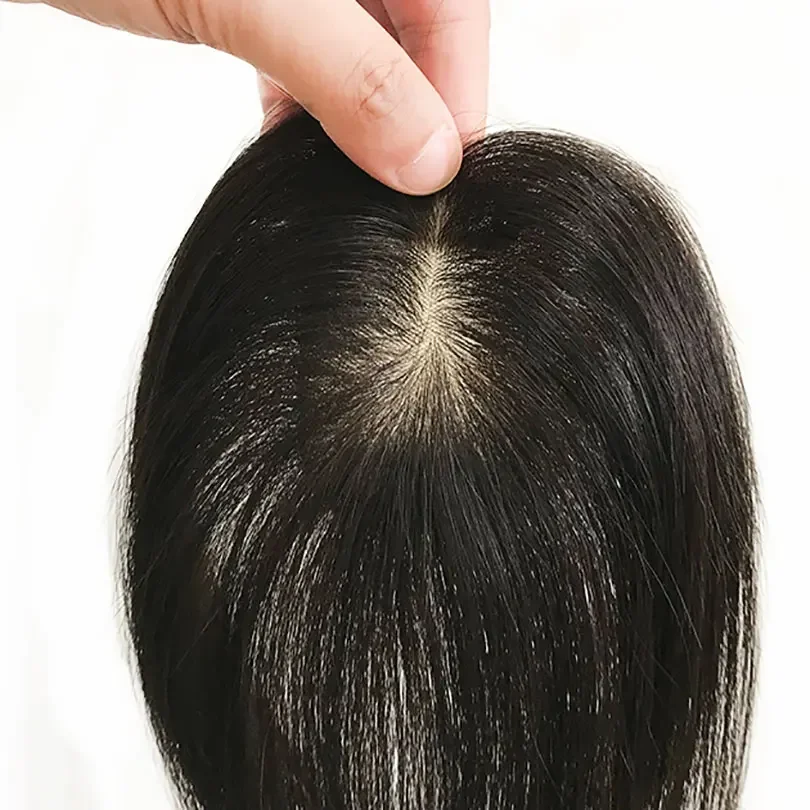 5x8cm Base en soie Femmes Topper 8-10 pouces Couleur noire naturelle Morceau de cheveux humains 2 clips pour cacher la ligne des cheveux_voghion.com