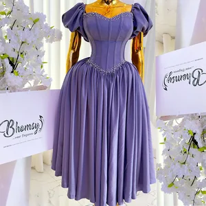 HK9050 Fashion Elegant Clothes Boutique Sexy Bubble Short Sleeve Square Neck A-line Pleated Long Dress Casual Maxi Dresses Women