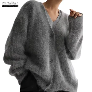 Women's Winter Casual Style Single Breasted Thick V-Neck Button Cardigan Sweater Knitted Fuzzy Mohair Breathable Fashionable