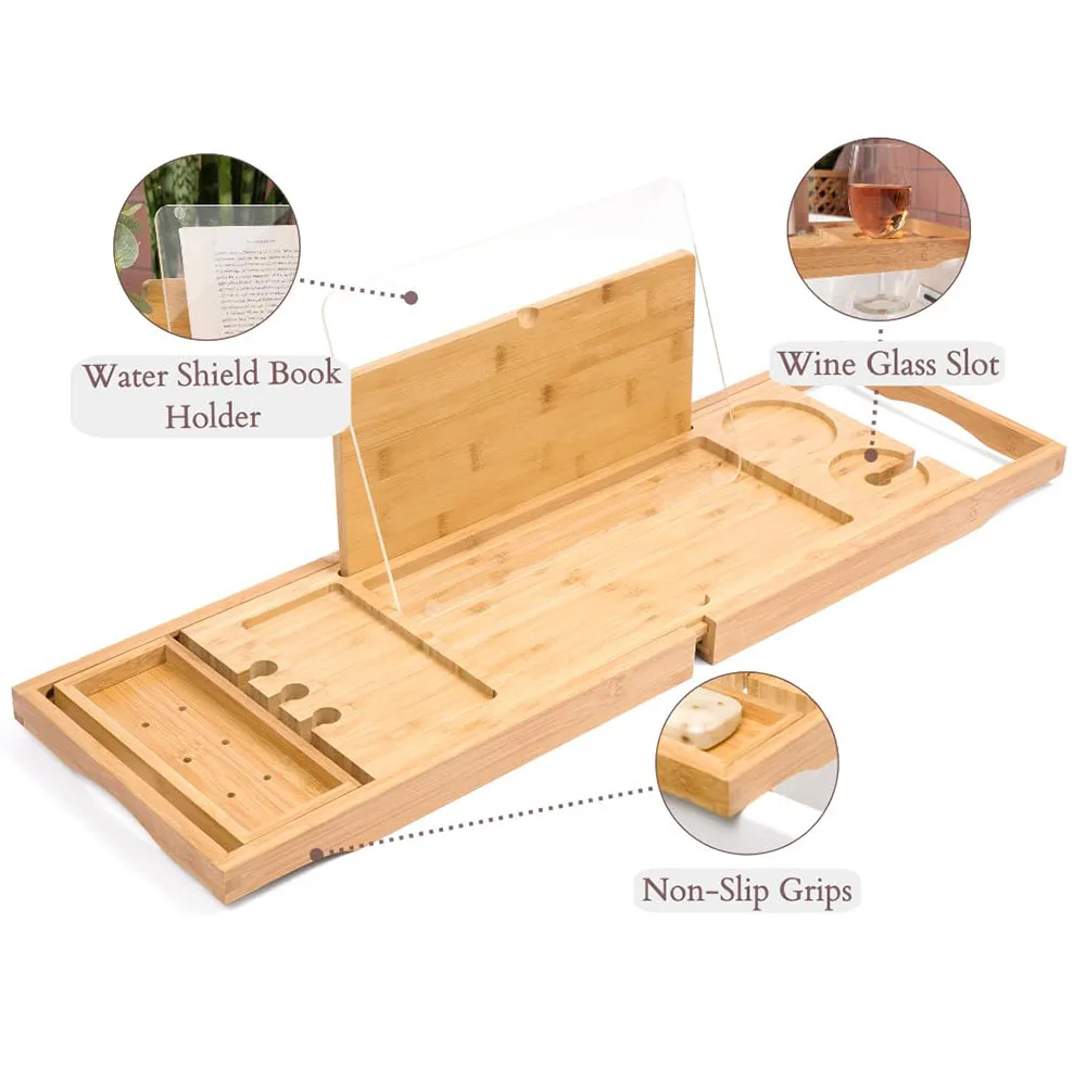 product luxury minimalist bathroom sets extendable bamboo rack  anti slip waterproof wine glass holder with bathhtub tray-8