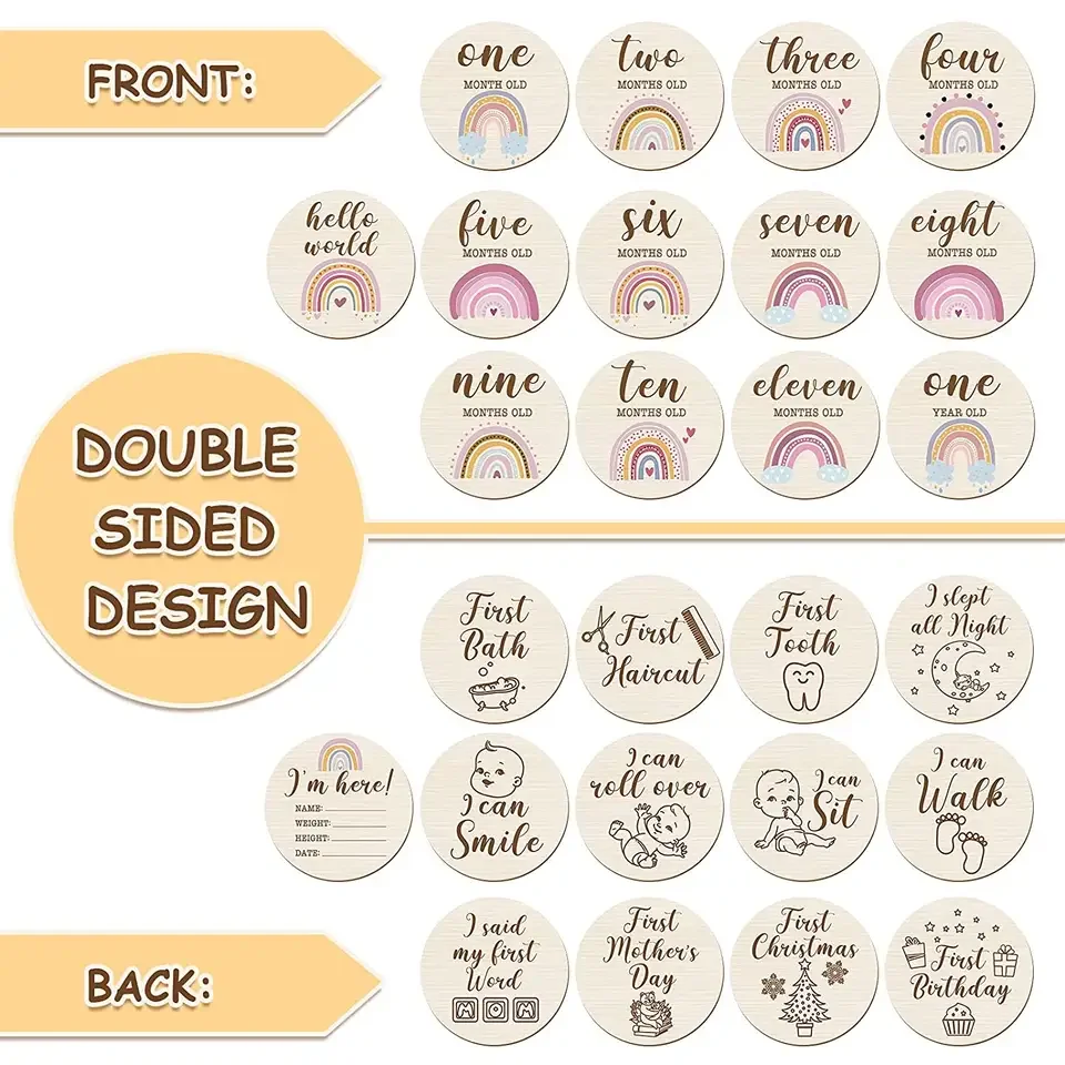 Baby Milestone Cards Rainbow Double Sided Printed Milestone Discs Wood ...
