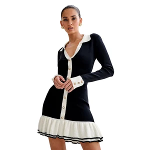 Spring and Autumn Long Sleeve Knit Dress Elegant Solid Color Pearl Button Knitted Sweater Dress Knitted Dress for Women