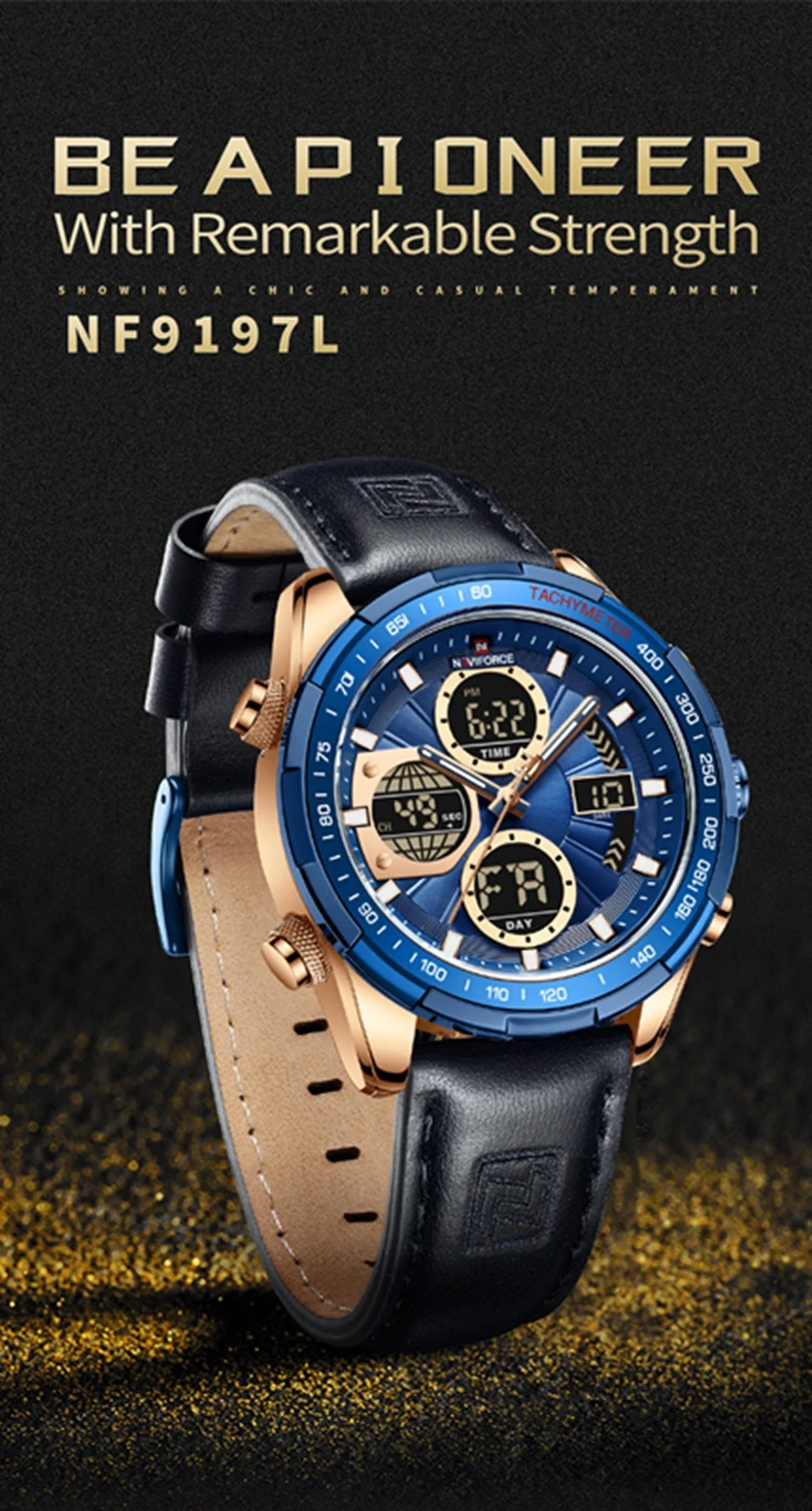NAVIFORCE 9197L Quartz Watches Mens Luxury Sport Chronograph Waterproof Quartz Big Clock Digital Wristwatches Men Watch