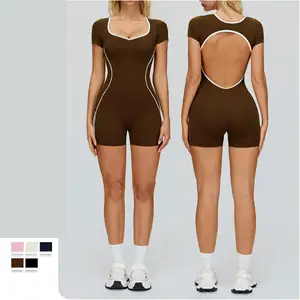 Playsuits Fantasy Hot Sale Contrasting Colors Winter Clothes Simple Custom Waistband Hollowed Out Running Jumpsuit Women Gym