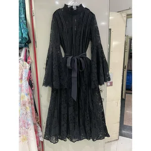 Factory Wholesale Designer Fashion Summer Midi Dress Women Lace Embroidery Flare Sleeve Flower Ruffled Vintage Party Dress