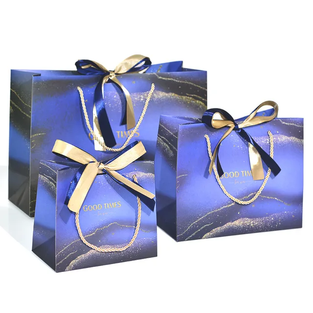 Dark Blue Marble Texture Gold Foil Gift Bags Jewelry Packaging Bags with Ribbons Clothing Store Paper Bags with Ribbons