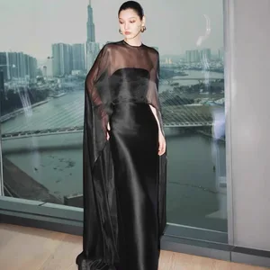 Bettergirl High-quality Round Neck Mesh Shawl Satin Black Long Dress 2026 Ramadan Spring Elegant Vietnam Party Dress