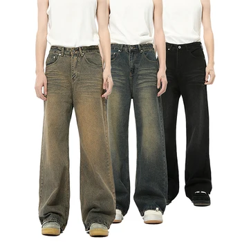 Custom logo Mens Retro Wash Denim Jeans Pants Loose Fit Cotton Wide Leg Straight Leg Men Baggy Jeans