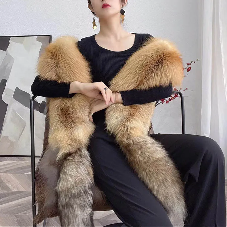 Mwfur Fashion Fur Shawl Fox Skin Scarves With Tails Fur Stole Luxurious ...
