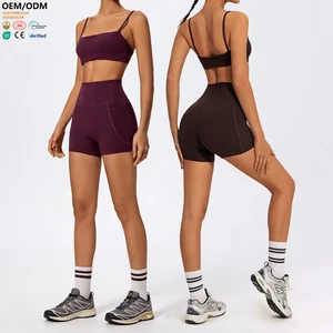XW-XTTZ7025 Women Solid Pattern Outfit Breathable Quick Dry Gym Wear Backless Sport Bra High Waist Seamed Short Set Yoga