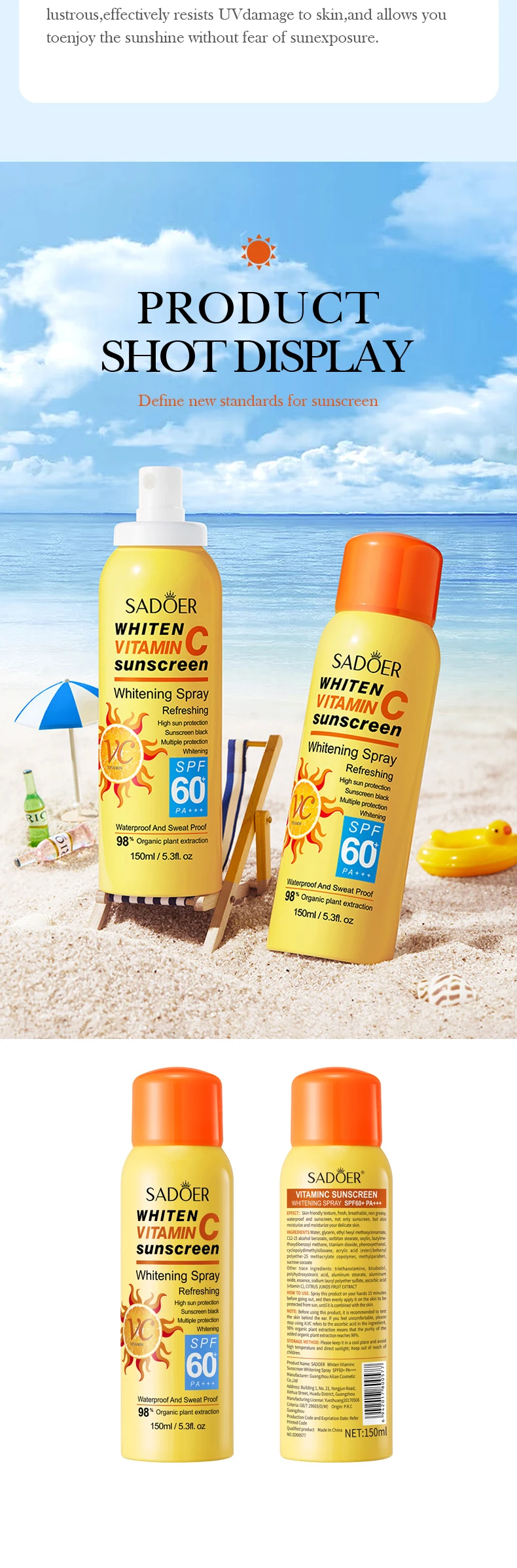 Oem Odm Sadoer Skin Care Moisturizing Whitening Mist Spray Sun Cream