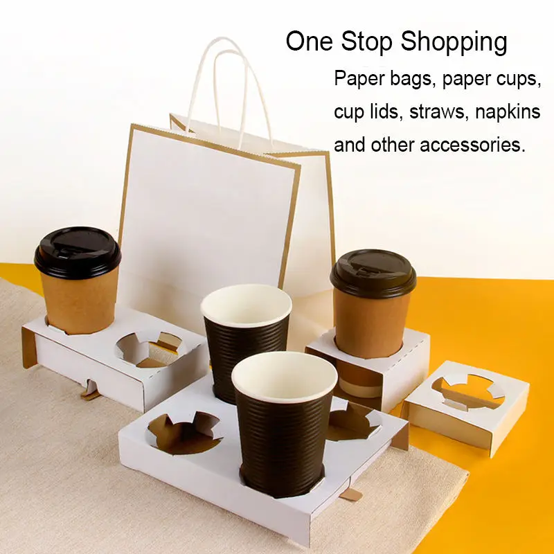 8 12 16oz Disposable Takeaway 2 4 Cup Paper Holders Corrugated Kraft Paper Coffee Cup Tray Holder With Paper Bag details