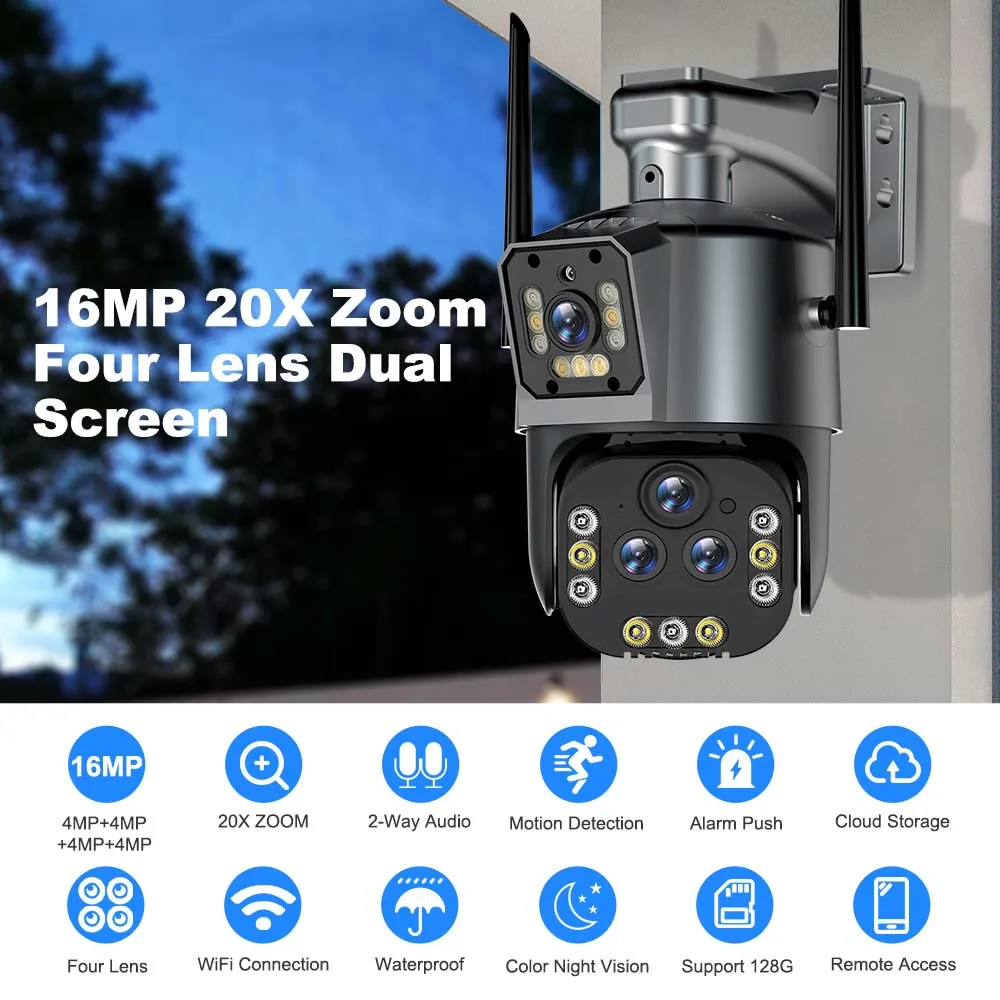 16mp 8k Hd Wifi Camera Outdoor Wireless 20x Zoom Security Camera Four ...