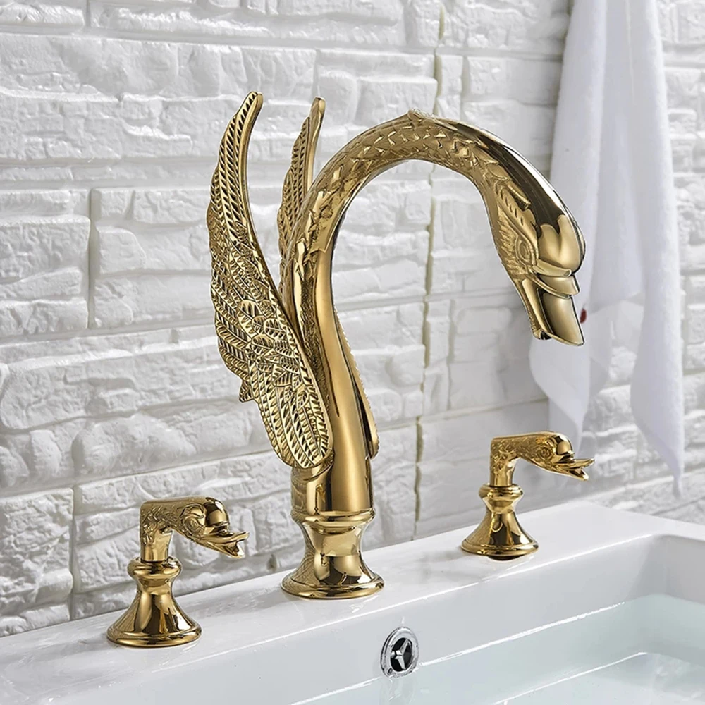 Newly Luxury Gold 3pcs Bathroom Sink Faucet Basin Mixer Tap Swan Style Vessel Faucet 2 Handles Bath Faucet Basin Taps Water Tap Buy Luxury Gold 3pcs Bathroom Sink Fauce