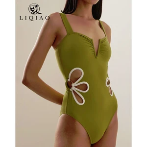 Women's Olive Green Bodysuit - Flower Cutout Detail Slim-Fit Sleeveless Leotard Quick Dry Feature High Quality One Piece Bikini