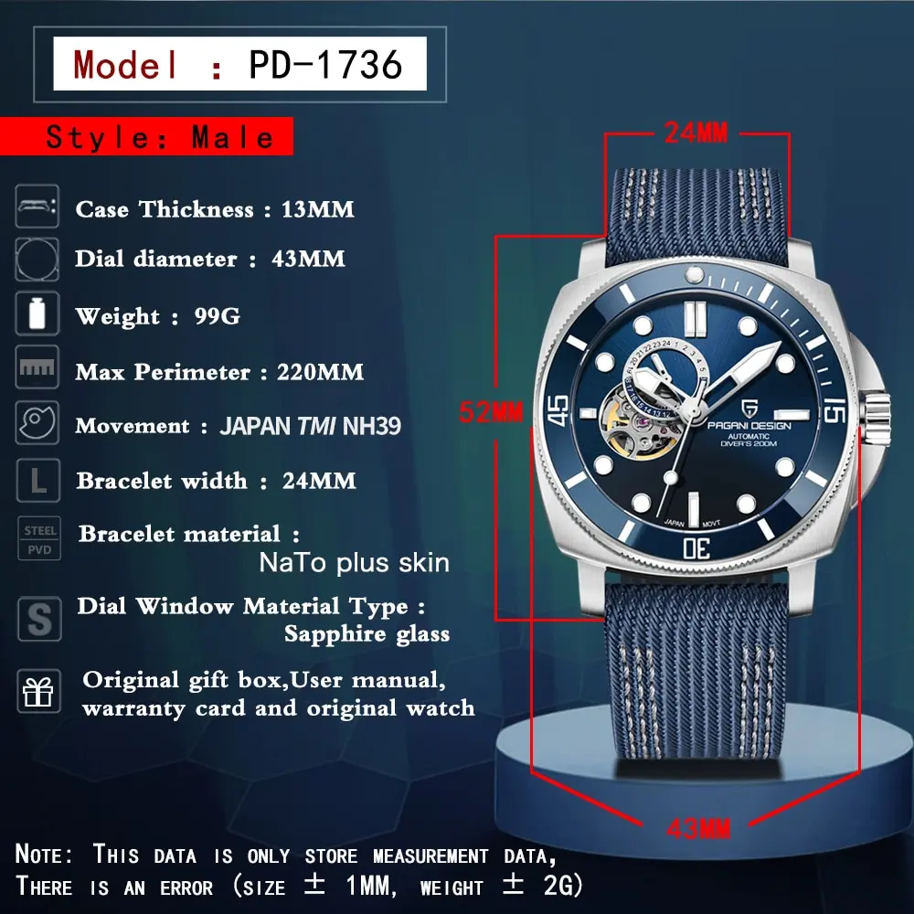 PAGANI DESIGN 1736 New Men Watch 200M Waterproof Sapphire Glass Automatic Watch Japan NH39 Stainless Steel Case Watch