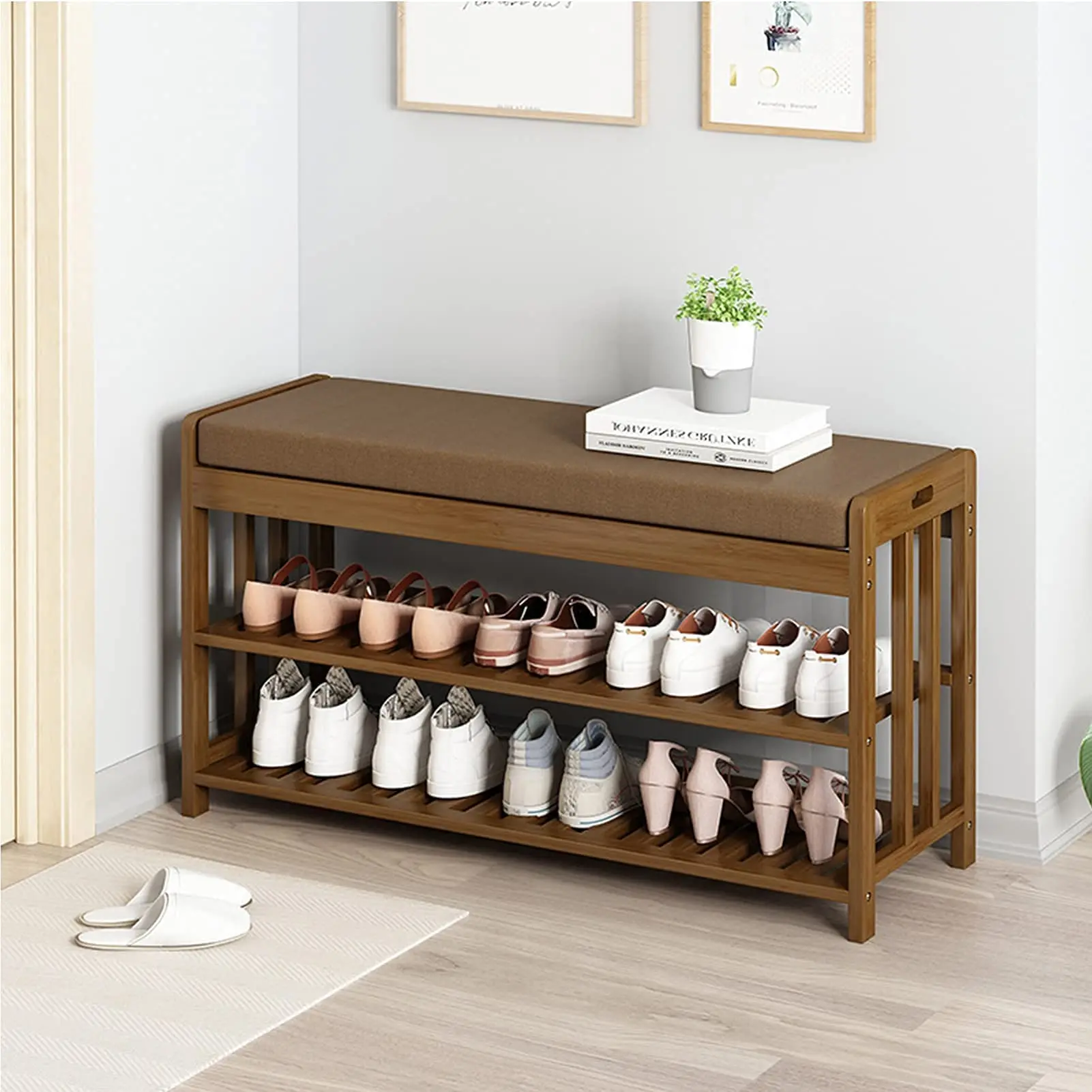 2 Tier Wooden Shoe Rack Cabinet Bench Shoe Storage Cupboard With Seat ...