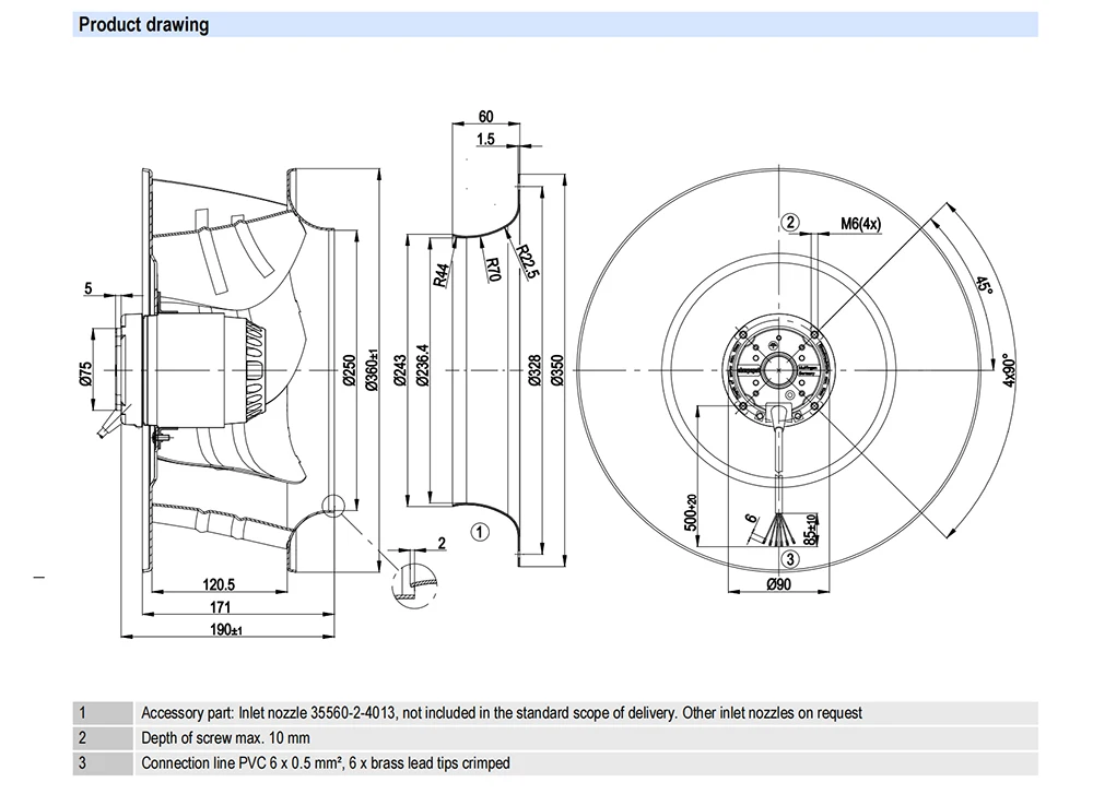 Centrifugal Fan, R4E355-AL02-06, 355mm, 230VAC, 1470RPM - detail 4