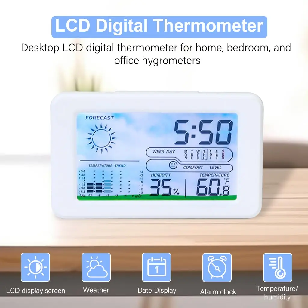 2024 Popular Thermometer Hygrometer Backlight LCD Digital Temperature Battery Operated Desk Alarm Clock with Weather Station