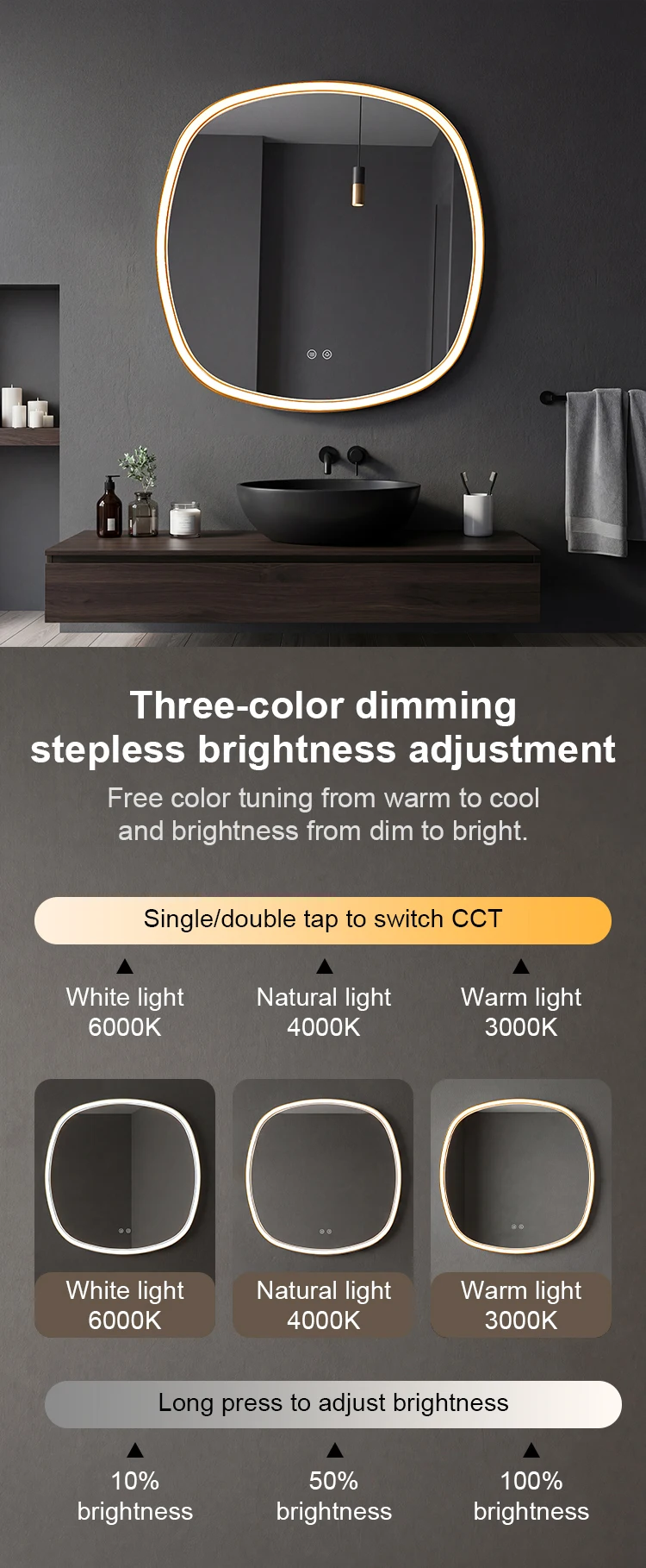 Aluminum Frame Smart Mirror Anti-fog Backlit LED Mirror with Temp Display for Luxury Hotel