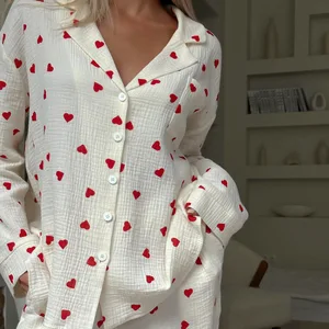 Custom Embroidery logo Wholesale Pajamas Sets Heart Print Long Sleeve Loungewear Sleepwear Crepe Women Pajama Set