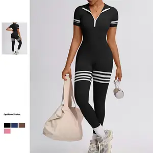 Seamless Striped Design Half-zipper Long Sleeve Bodysuit Tight Slim Fit Breathable Hip-lifting Yoga Jumpsuit for Women Training