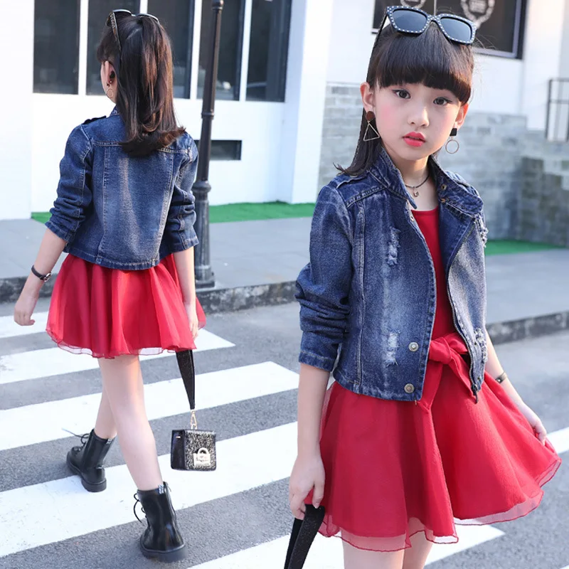 Big Girl Spring Autumn Clothing Set - Denim Jacket+dress