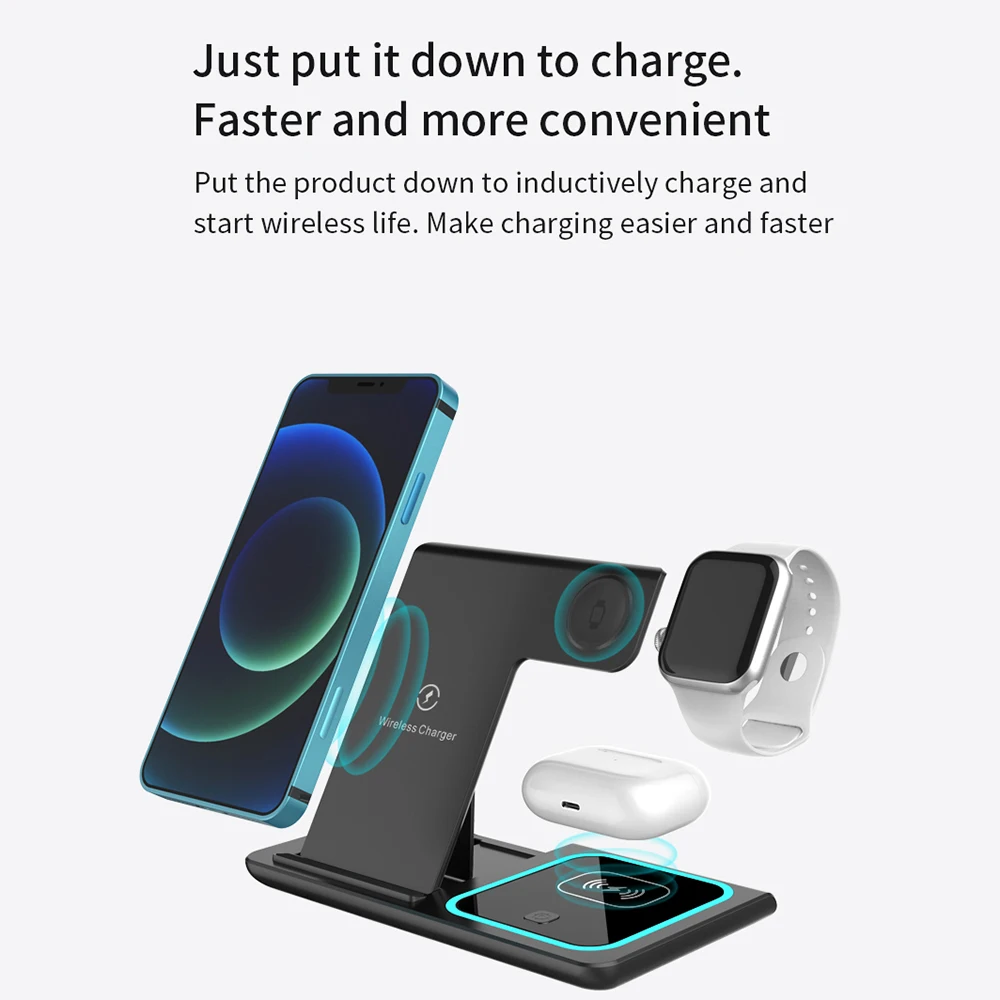 Amazon Top Seller 3 in 1 Foldable Wireless Charger 15W Universal Mobile Phone Charging Pad Multifunctional Desk Wireless Charger