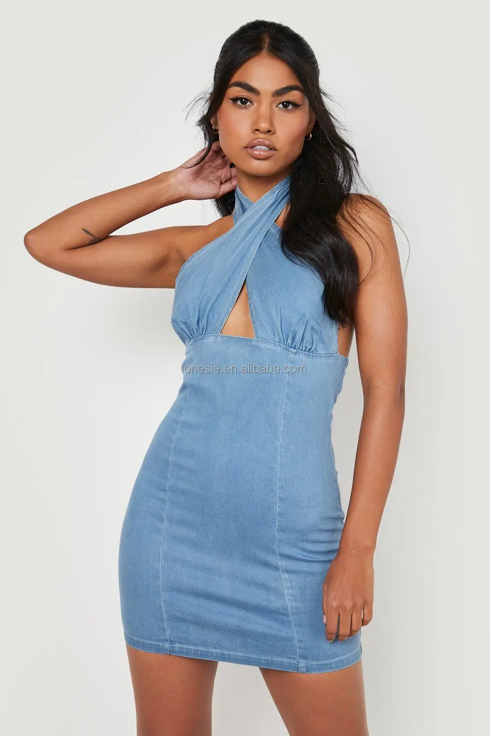 backless denim dress