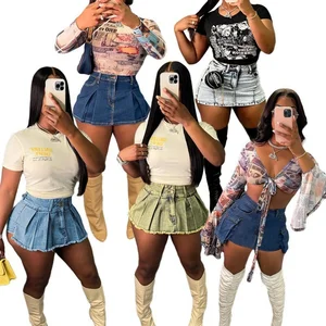 Viviblook C88SK01 Cute Short Denim Skirt Wholesale Denim Low Waist in Stock Blue Short Skirt Ladies Button Skirts