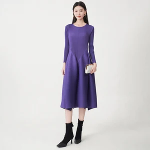 Miyake Pleated Dress Design Long-sleeved Solid Color Dress 2025 New Style Elegant Ladies Dress Factory Direct Sales