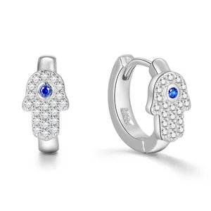 Rhodium Plated 925 Sterling Silver Handsa Blue Eye Hoop Earrings