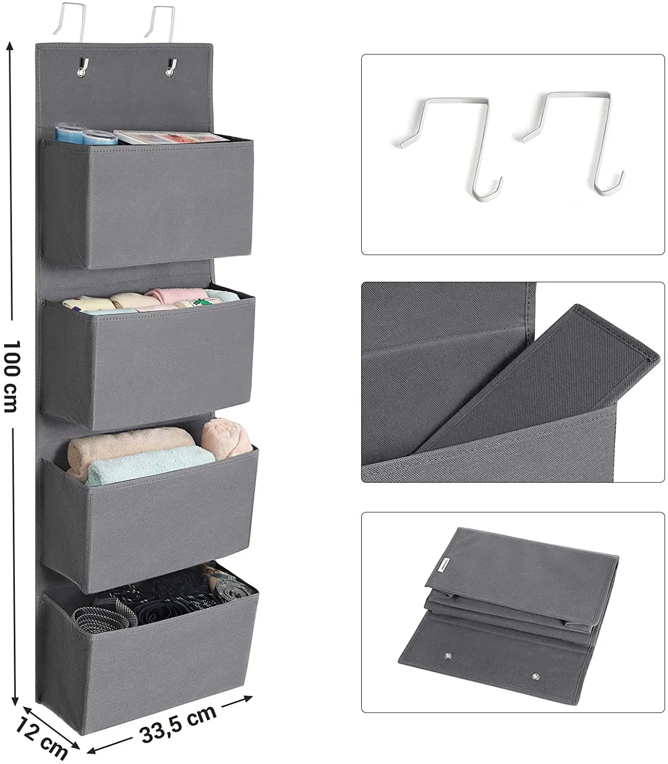 Scaffale da appendere con 4 tasche laterali in rete e 5 ripiani – organizer pieghevole e traspirante per vestiti, scarpe e accessori, colore: nero