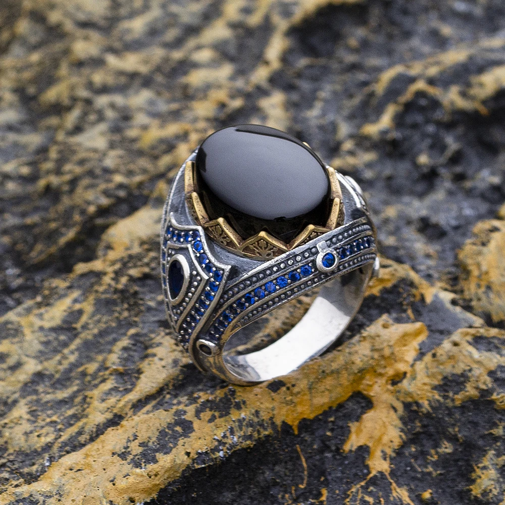 Solid 925 Sterling Silver Men's Ring With Natural Onyx Stone – Turkish Handmade, Vintage Luxury Design, Sizes 8-12